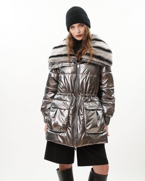 2258 Womens Fabric Jacket with Fur Silver