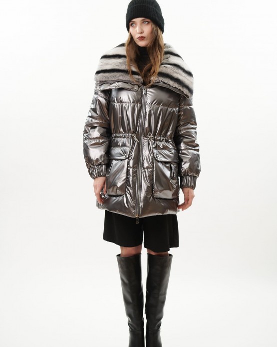 2258 Womens Fabric Jacket with Fur Silver