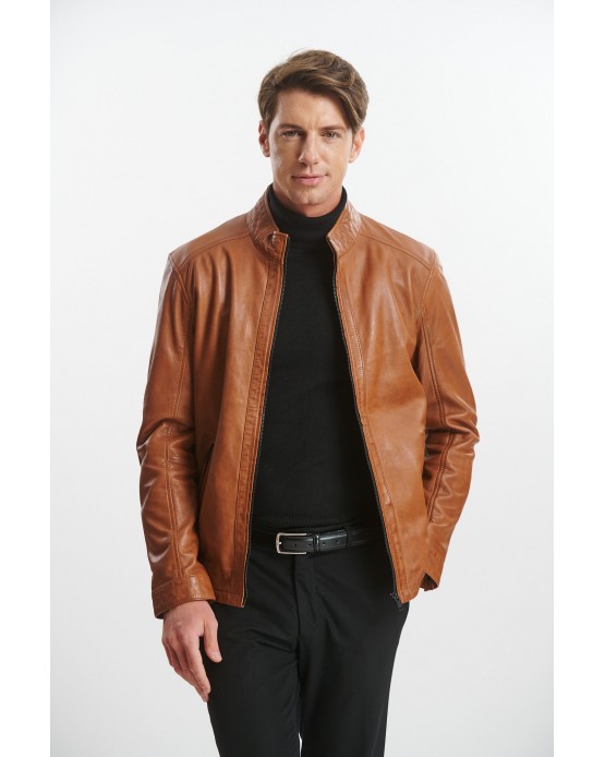 M-007 Αντρικό Δερμάτινο Μπουφάν Cognac