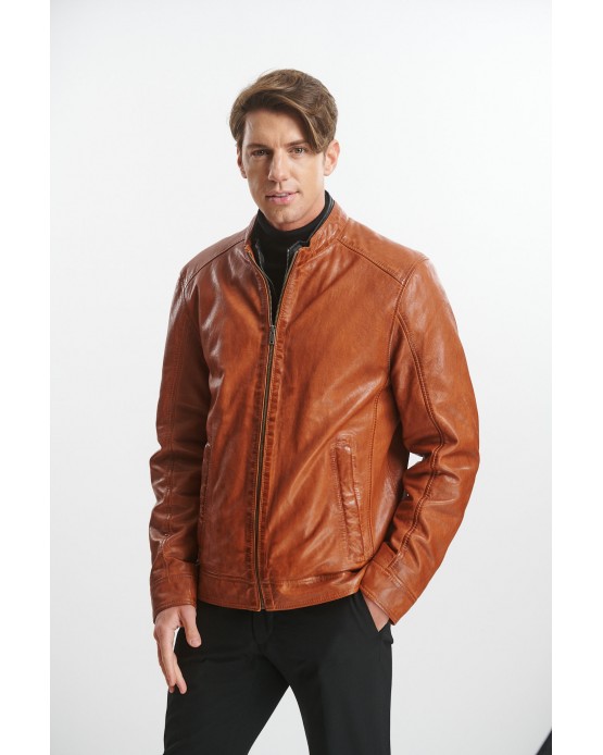 M-007 Αντρικό Δερμάτινο Μπουφάν Cognac