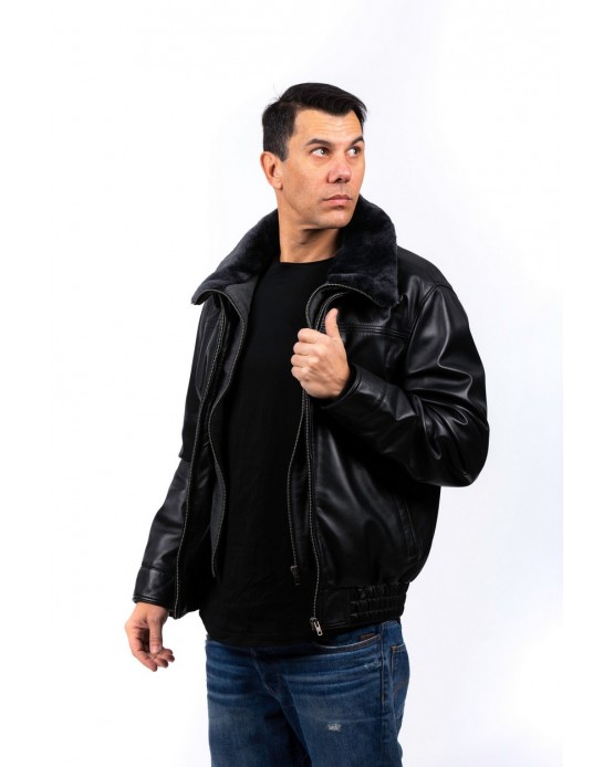 5654 Αντρικό Δερμάτινο Bomber Μαύρο