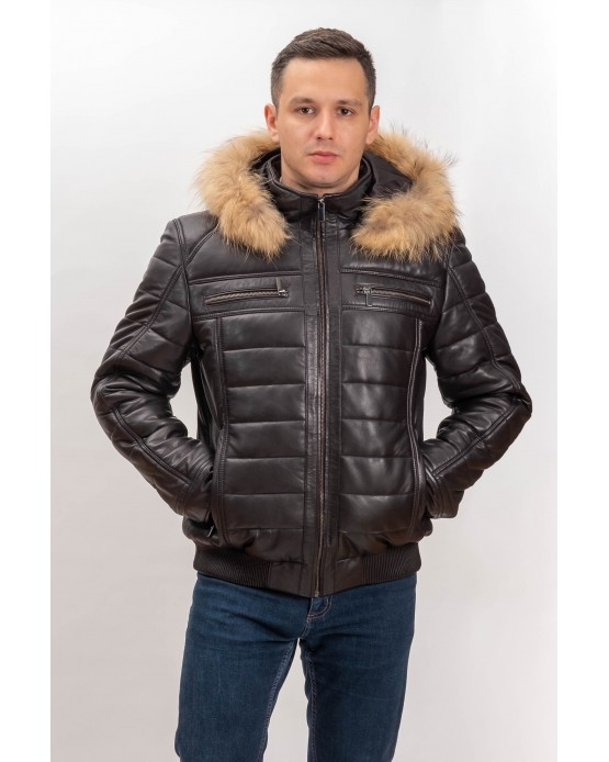 7076 Man's Real Leather Puffy Jacket Brown