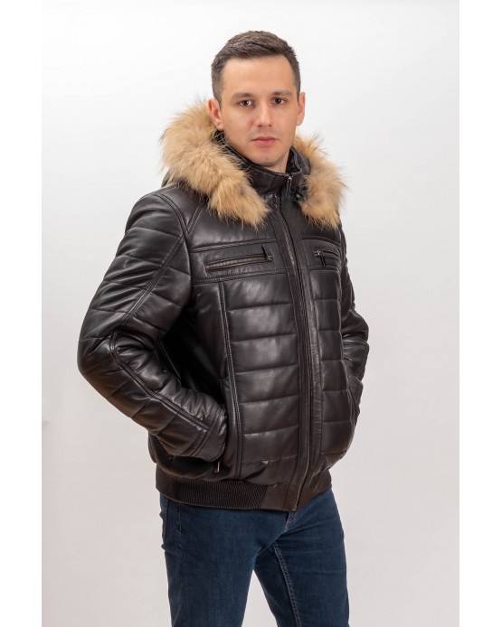 7076 Man's Real Leather Puffy Jacket Brown