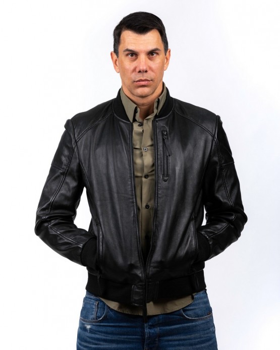 9002 Αντρικό Δερμάτινο Bomber Μαύρο