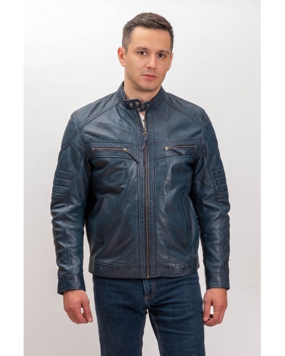 M-MP013 Men's Real Leather Jacket Blue
