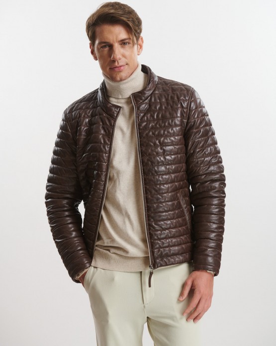 GPM02 Mens Real Leather Puffy Jacket Brown