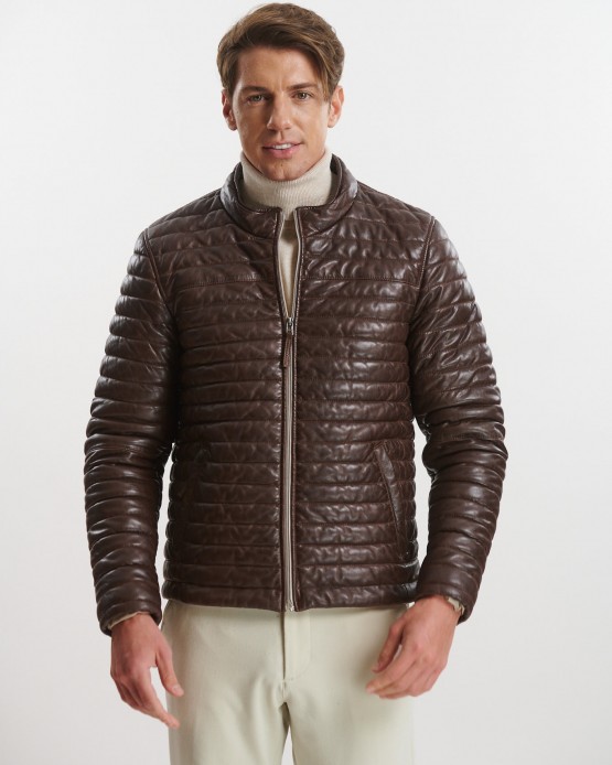GPM02 Mens Real Leather Puffy Jacket Brown
