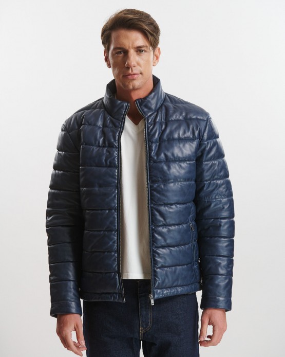 MA004 Mens Real Leather Puffy Jacket Blue