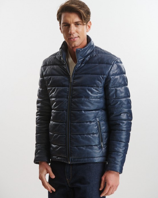 MA004 Mens Real Leather Puffy Jacket Blue