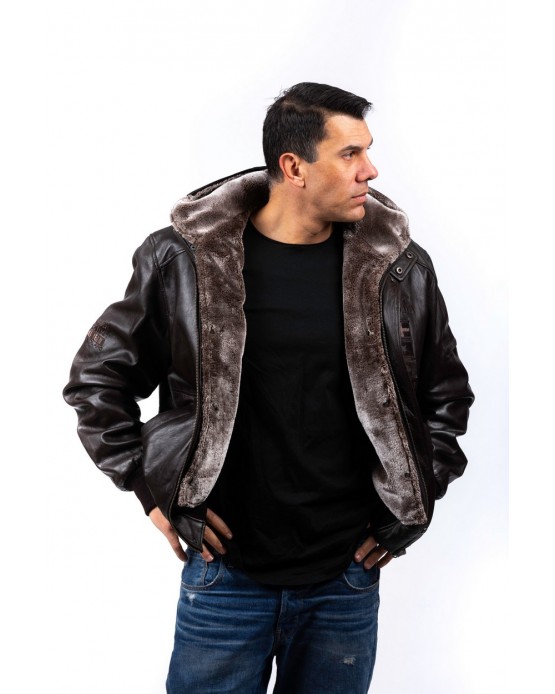 Adventure Αντρικό Δερμάτινο Bomber με Γούνα Καφέ
