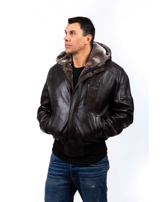 Adventure Αντρικό Δερμάτινο Bomber με Γούνα Καφέ