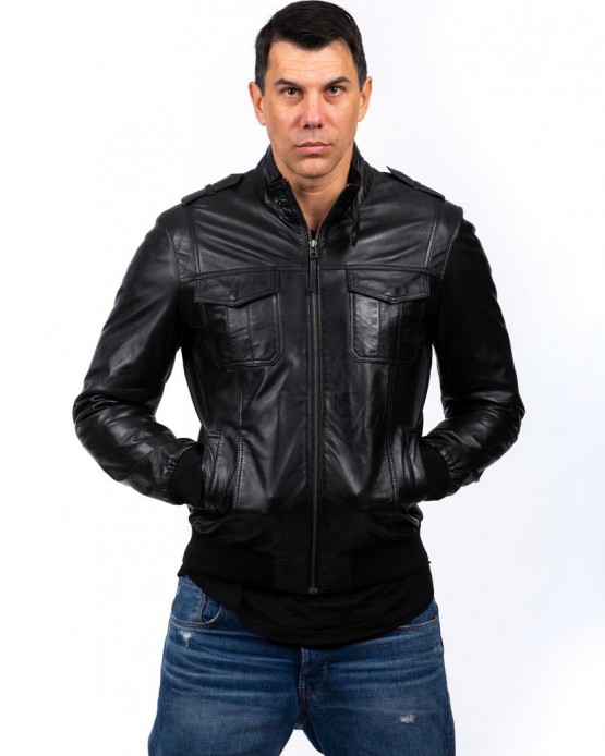 AIKO Man's Real Leather Bomber Black