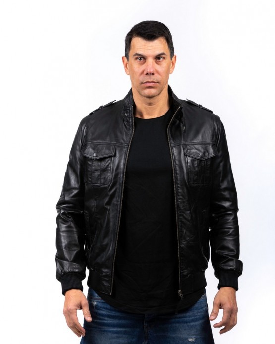 AIKO Man's Real Leather Bomber Black