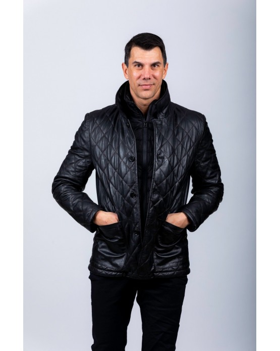 GNP09 Man's Real Leather Quilted Blazer Black