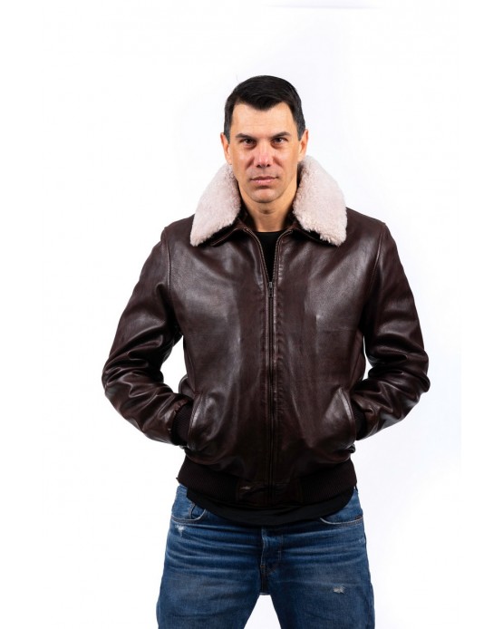 Lucas Man's Real Leather Bomber with Fur Collar  Brown