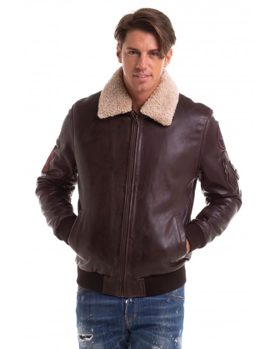 Lucas Man's Real Leather Bomber  with Fur Collar and Badges Brown