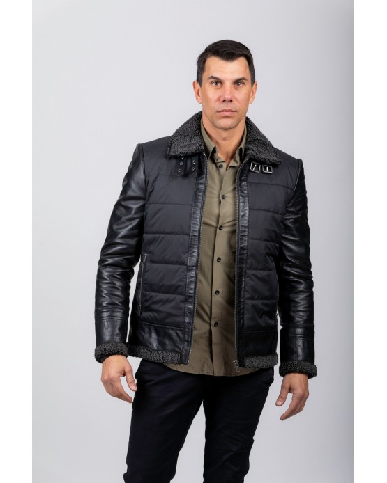 WA0015 Man's Real Leather And Textile Jacket Black