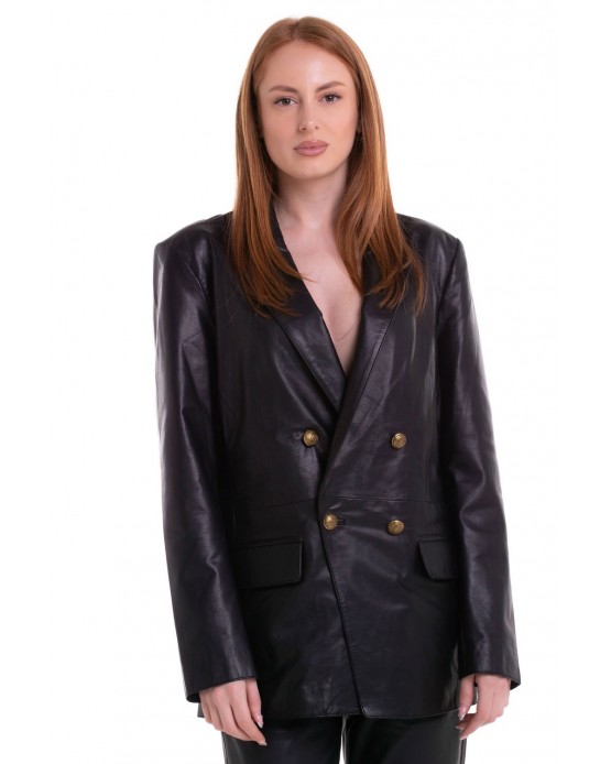 1920 Womens Leather Blazer Crossed Buttoned Black