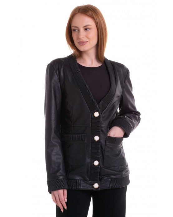 242526 Womens Leather Cardigan with Buttons Black