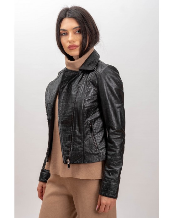 5208Croco Woman's Leather  Jacket  Black