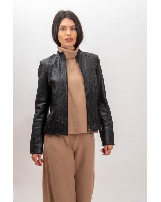 5277Croco  Woman's Leather  Jacket  Black