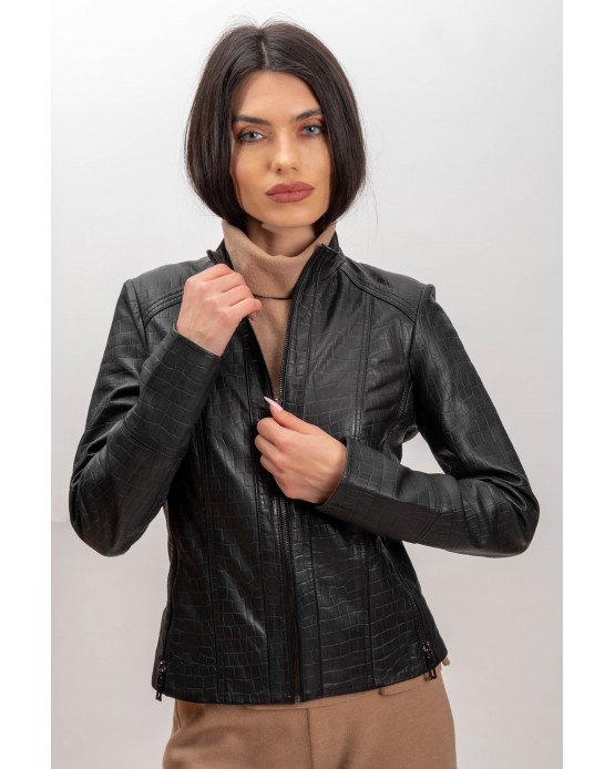 5277Croco  Woman's Leather  Jacket  Black