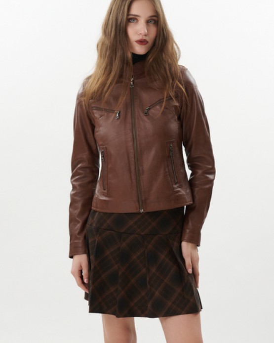 W-CHLOE Womens Leather  Jacket Cognac