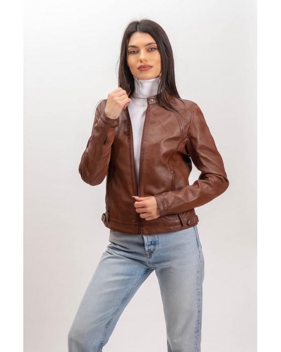 W-MP003 Γυναικείο Δερμάτινο Μπουφάν Cognac