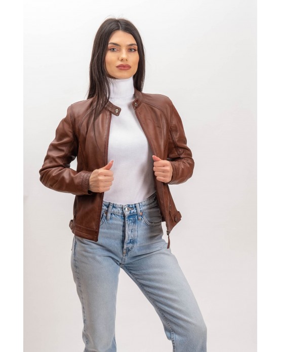 W-MP003 Womens Leather  Jacket Cognac