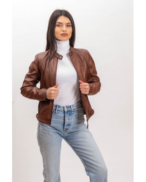 W-MP003 Γυναικείο Δερμάτινο Μπουφάν Cognac