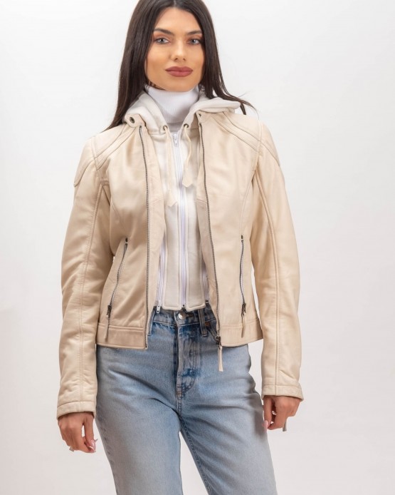 W-MP006 Γυναικείο Δερμάτινο Μπουφάν OFF WHITE