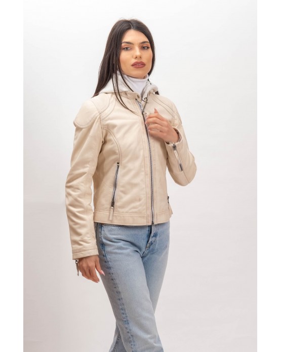 W-MP006 Γυναικείο Δερμάτινο Μπουφάν OFF WHITE