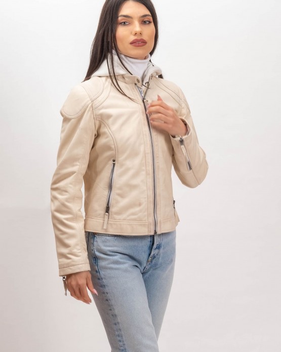 W-MP006 Γυναικείο Δερμάτινο Μπουφάν OFF WHITE
