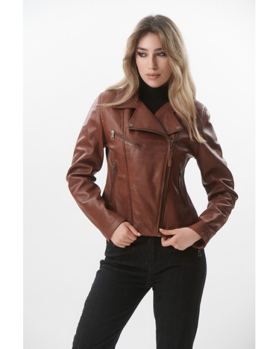 W-TINA Γυναικείο Δερμάτινο Μπουφάν Cognac