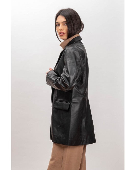Blazer Γυναικείο Δερμάτινο Σακάκι με ένα Κουμπί Μαύρο