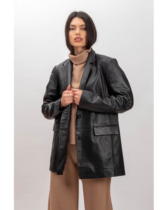 Blazer Womens Leather Blazer with One Button Black