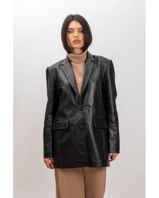Blazer Womens Leather Blazer with One Button Black