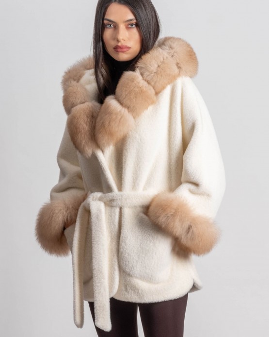 2024  WOMEN'S WOOL AND FUR COAT OFF WHITE 