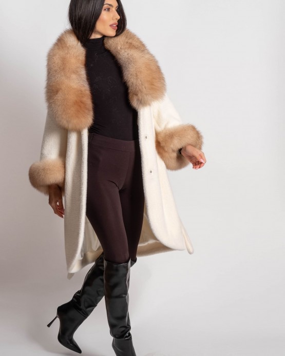3024 WOMEN'S WOOL AND FUR COAT OFF WHITE 