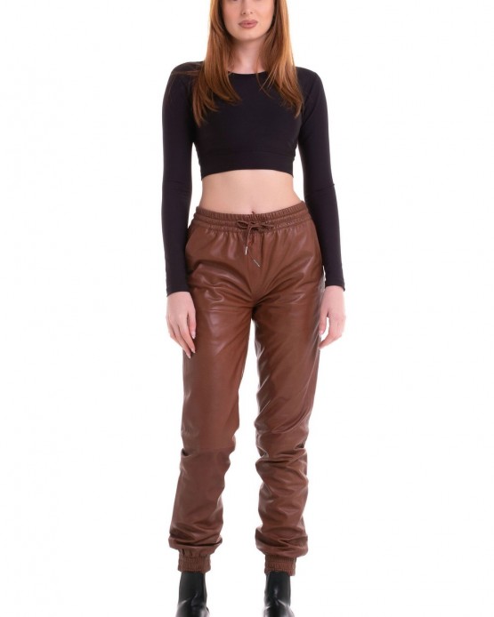 Jogger Γυναικείο Δερμάτινο Παντελόνι Cognac