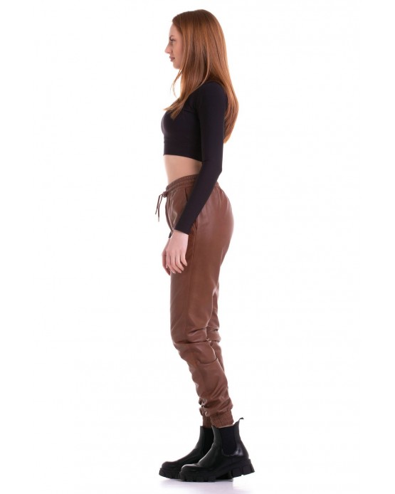 Jogger Γυναικείο Δερμάτινο Παντελόνι Cognac