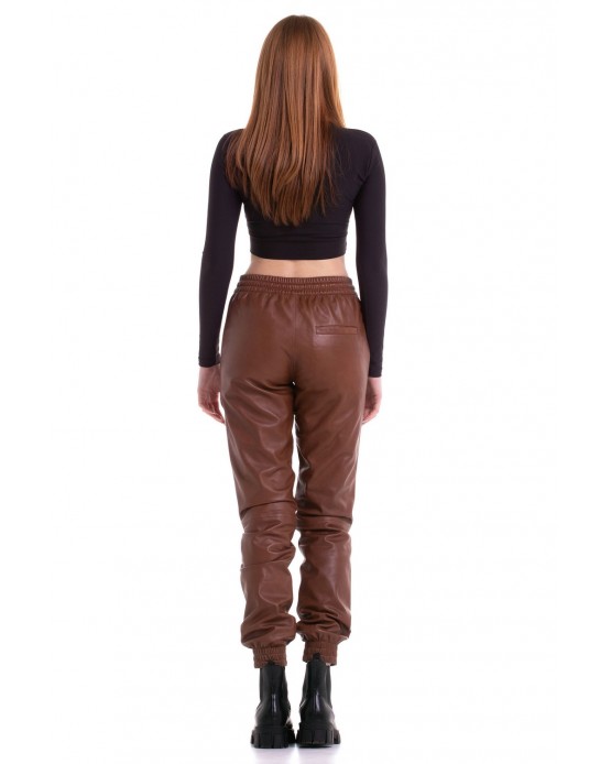 Jogger Γυναικείο Δερμάτινο Παντελόνι Cognac