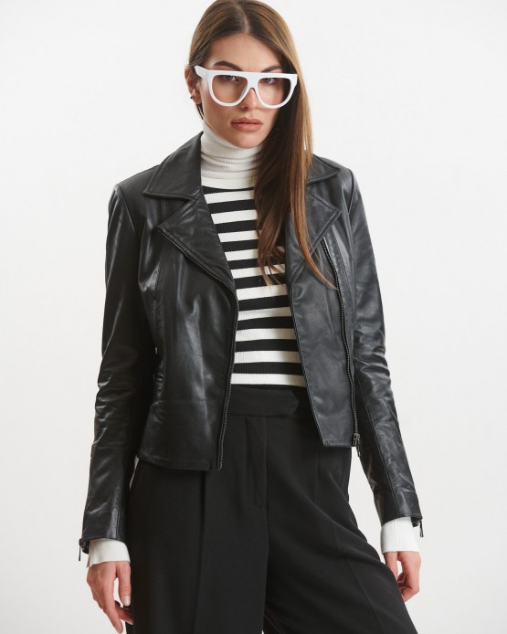 KS-2 Woman's Leather Biker Jacket Black