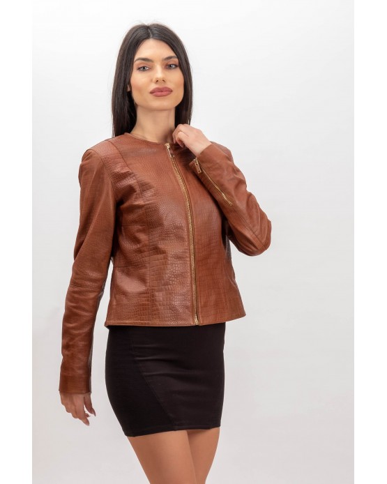 L003 Womens Leather Jacket Croco Tan
