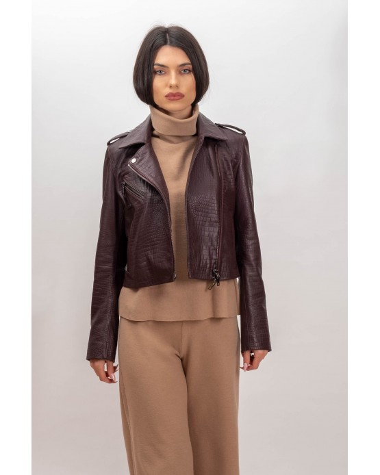 L005 Womens Leather Jacket Croco Burgundy