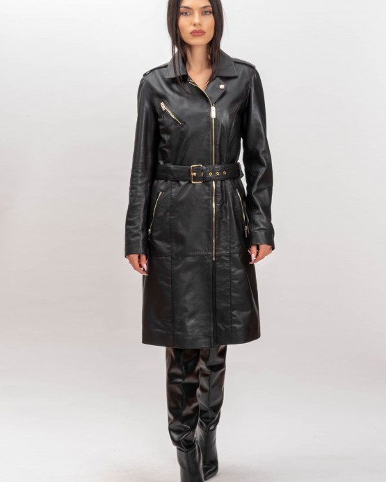 L006 Womens Leather  Trenchcoat  Black