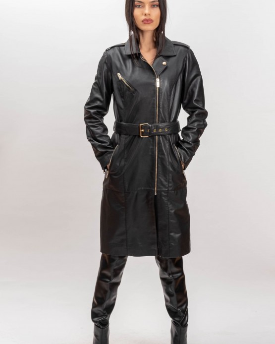 L006 Womens Leather  Trenchcoat  Black