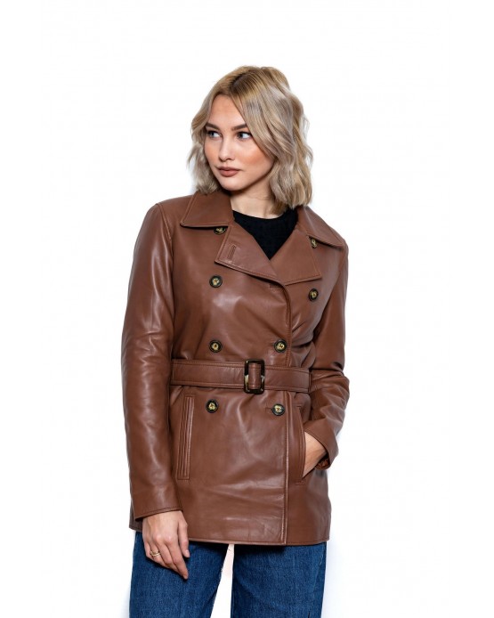 Short Trench Coat Γυναικεία Δερμάτινη Σταυρωτή Καμπαρντίνα Cognac