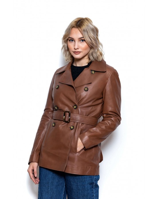 Short Trench Coat Γυναικεία Δερμάτινη Σταυρωτή Καμπαρντίνα Cognac