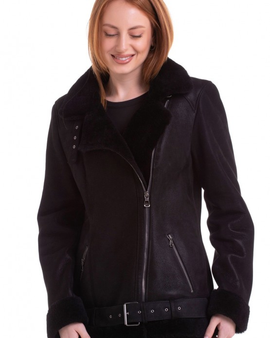 1180 Womens' Aviator Shearling Jacket Black